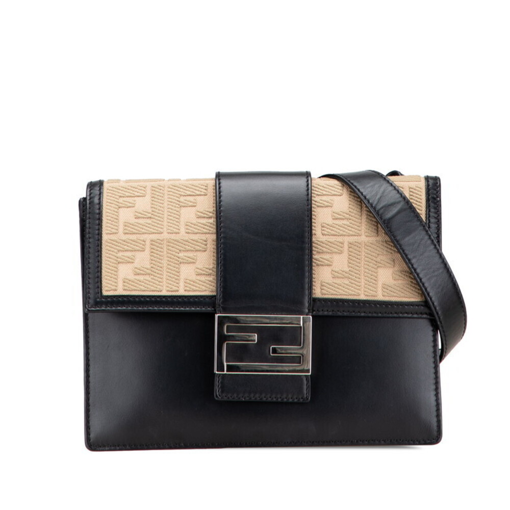 Fendi Flat Baguette Shoulder Bag Black Beige Tan Leather Canvas